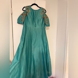 Elegant Teal Dress with Gold Embroidery